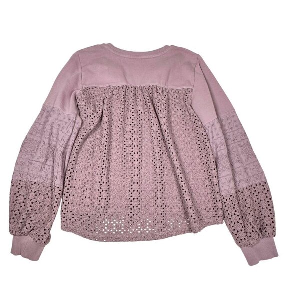 By Anthropologie Eyelet Sweatshirt Top Sz.S Lilac Oversized Embroidered Boho - Picture 7 of 15